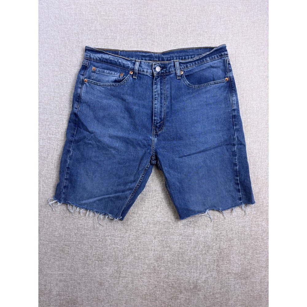 Levis 505 Regular Fit Cut Off Denim Shorts Mens 36 Medium Wash Blue Frayed Hem